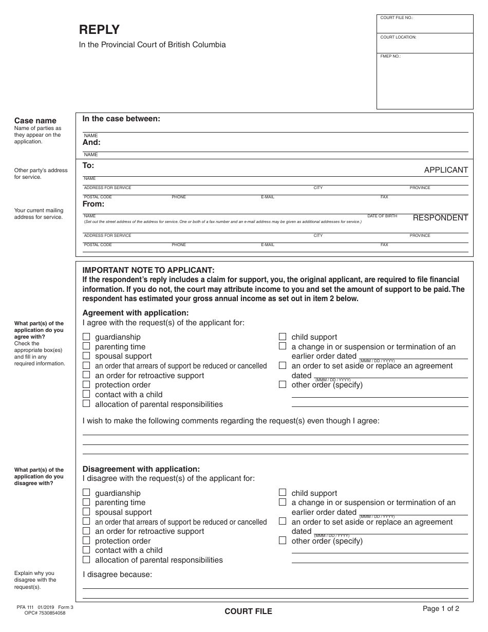 PCFR Form 3 (PFA111) Reply - British Columbia, Canada, Page 3