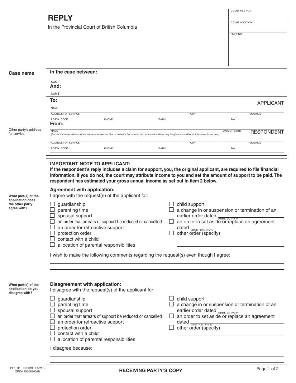 PCFR Form 3 (PFA111) Reply - British Columbia, Canada, Page 4