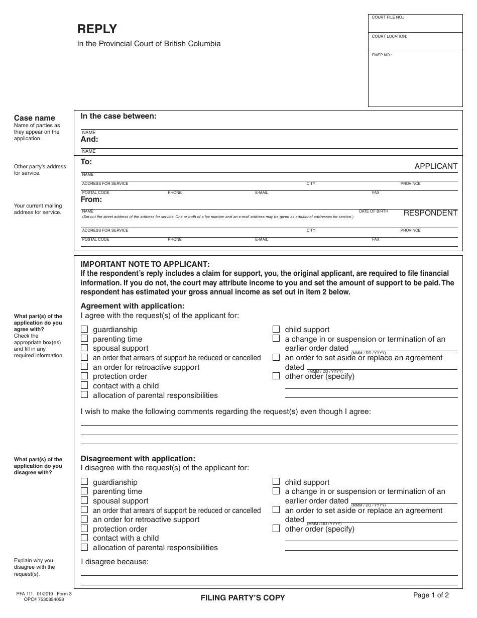 PCFR Form 3 (PFA111) Reply - British Columbia, Canada, Page 5