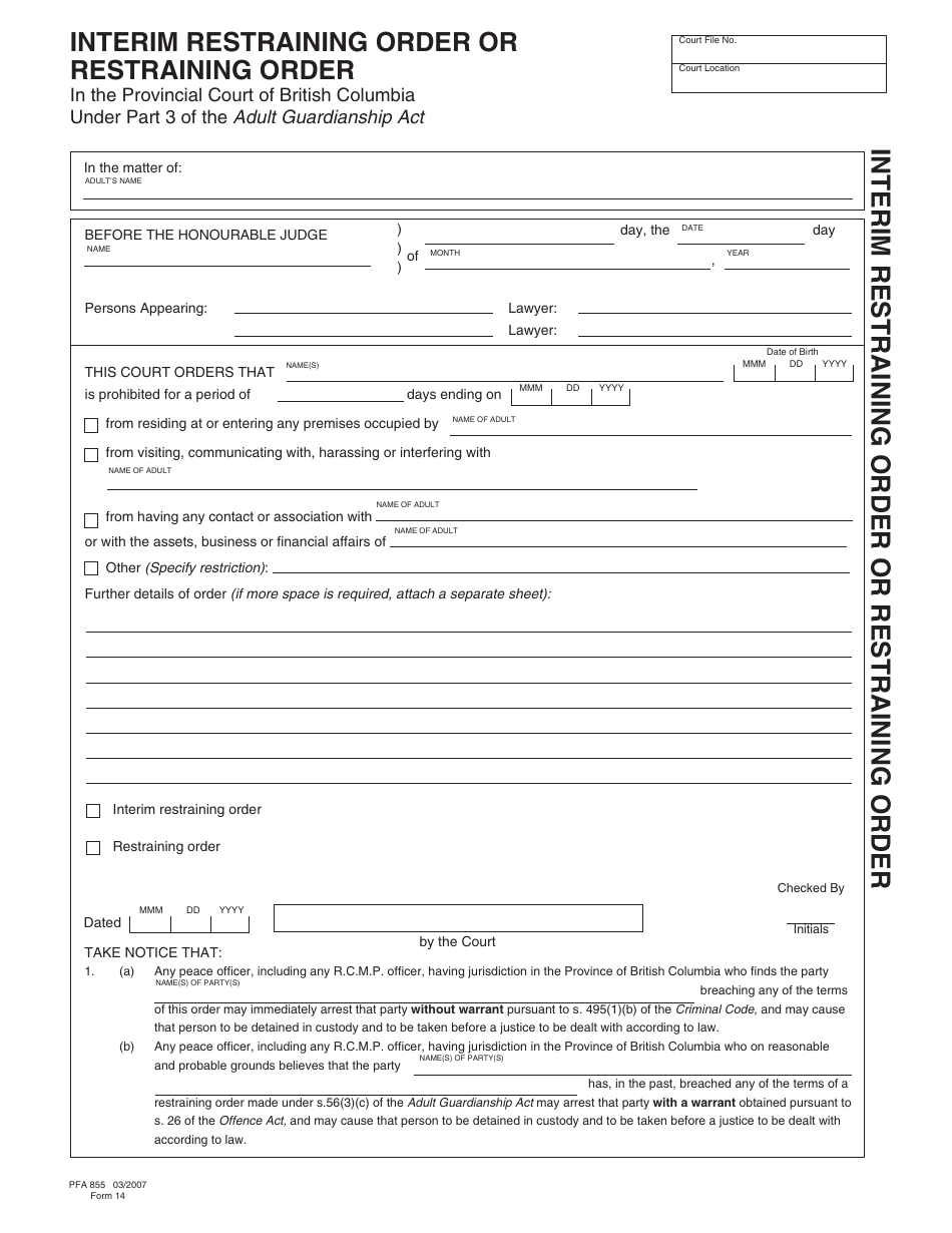 AGA Form 14 (PFA855) Interim Restraining Order or Restraining Order - British Columbia, Canada, Page 1