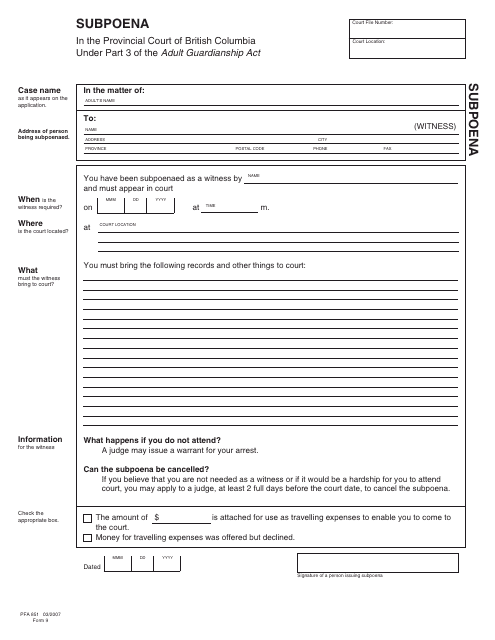 AGA Form 9 (PFA851) Subpoena - British Columbia, Canada