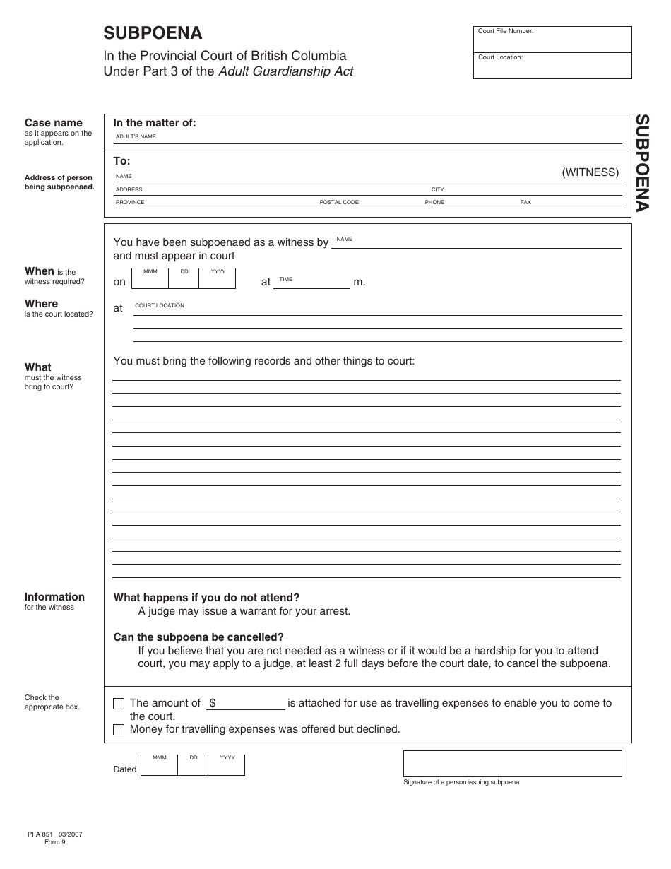 AGA Form 9 (PFA851) Subpoena - British Columbia, Canada, Page 1