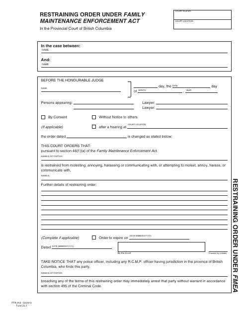 FMEA Form 25.1 (PFA913) Restraining Order Under Family Maintenance Enforcement Act - British Columbia, Canada