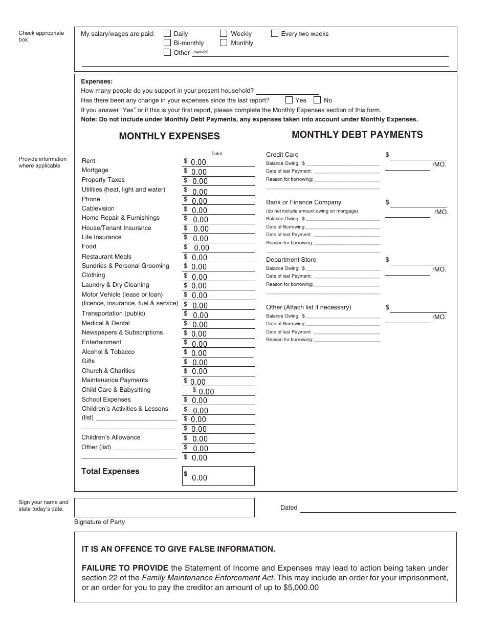 Form PFA822 Statement of Income and Expenses - British Columbia, Canada, Page 3