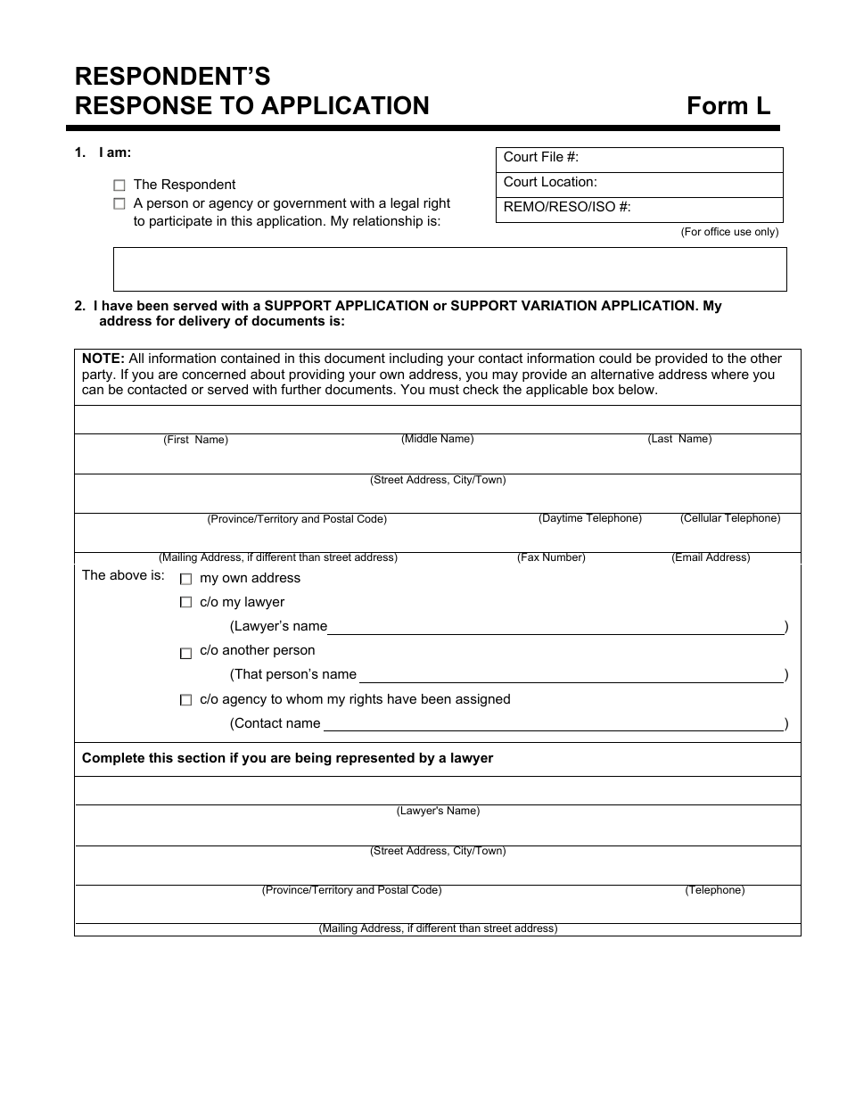 Form L (PFA888) Respondents Response to Application - British Columbia, Canada, Page 1