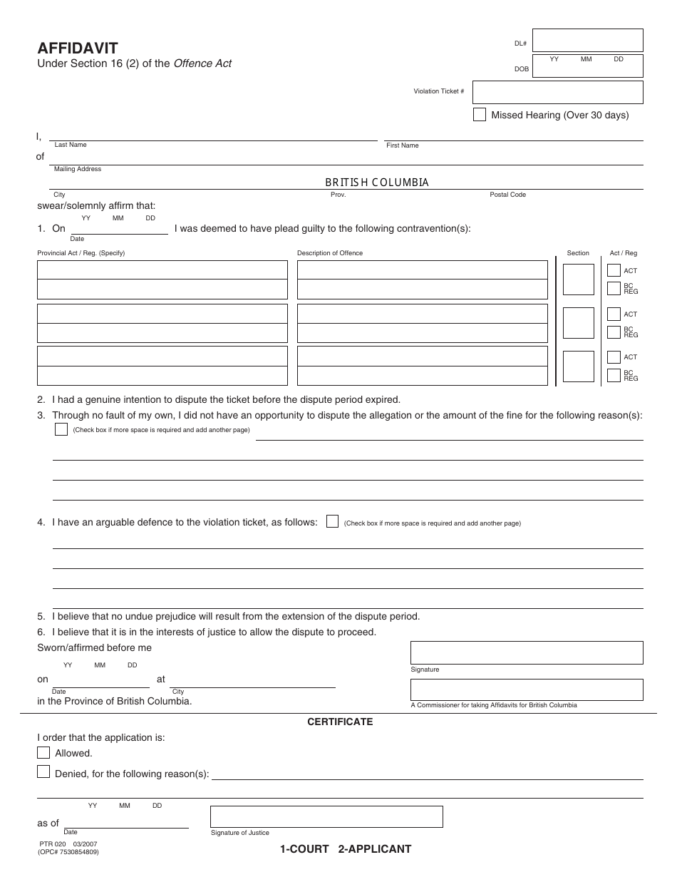 Form PTR020 Affidavit - British Columbia, Canada, Page 1