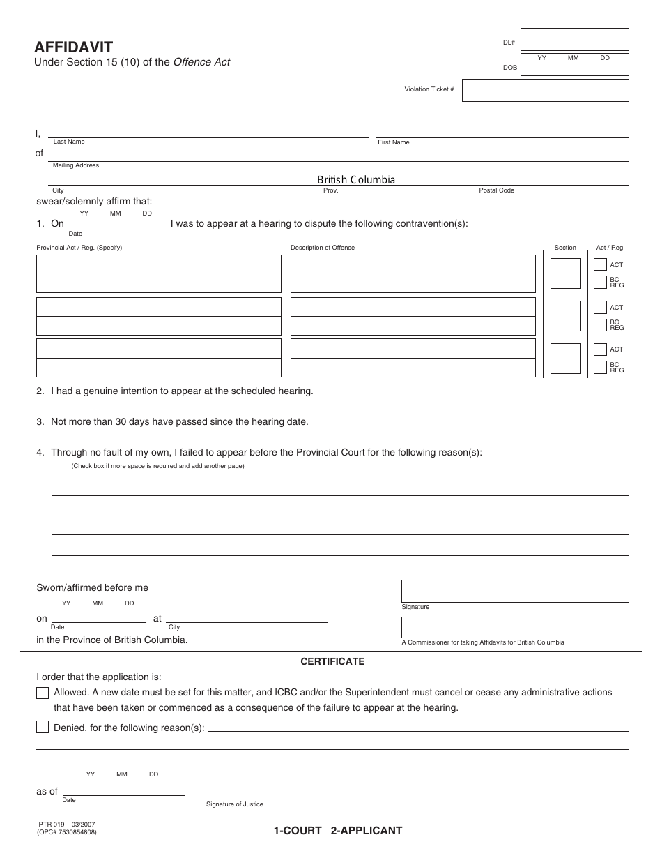 Form PTR019 Affidavit - British Columbia, Canada, Page 1