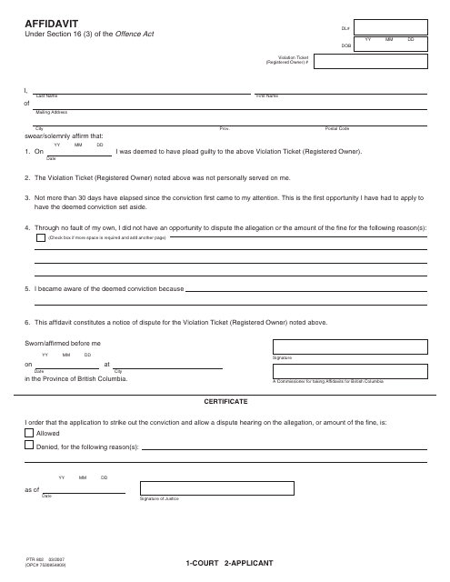Form PTR802 Affidavit - British Columbia, Canada