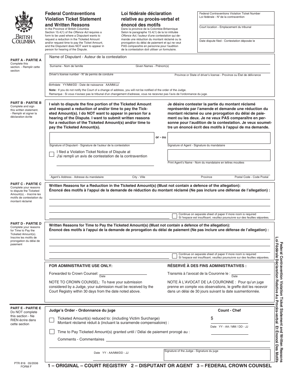 Form F (PTR816) Federal Contraventions Violation Ticket Statement and Written Reasons - British Columbia, Canada, Page 1