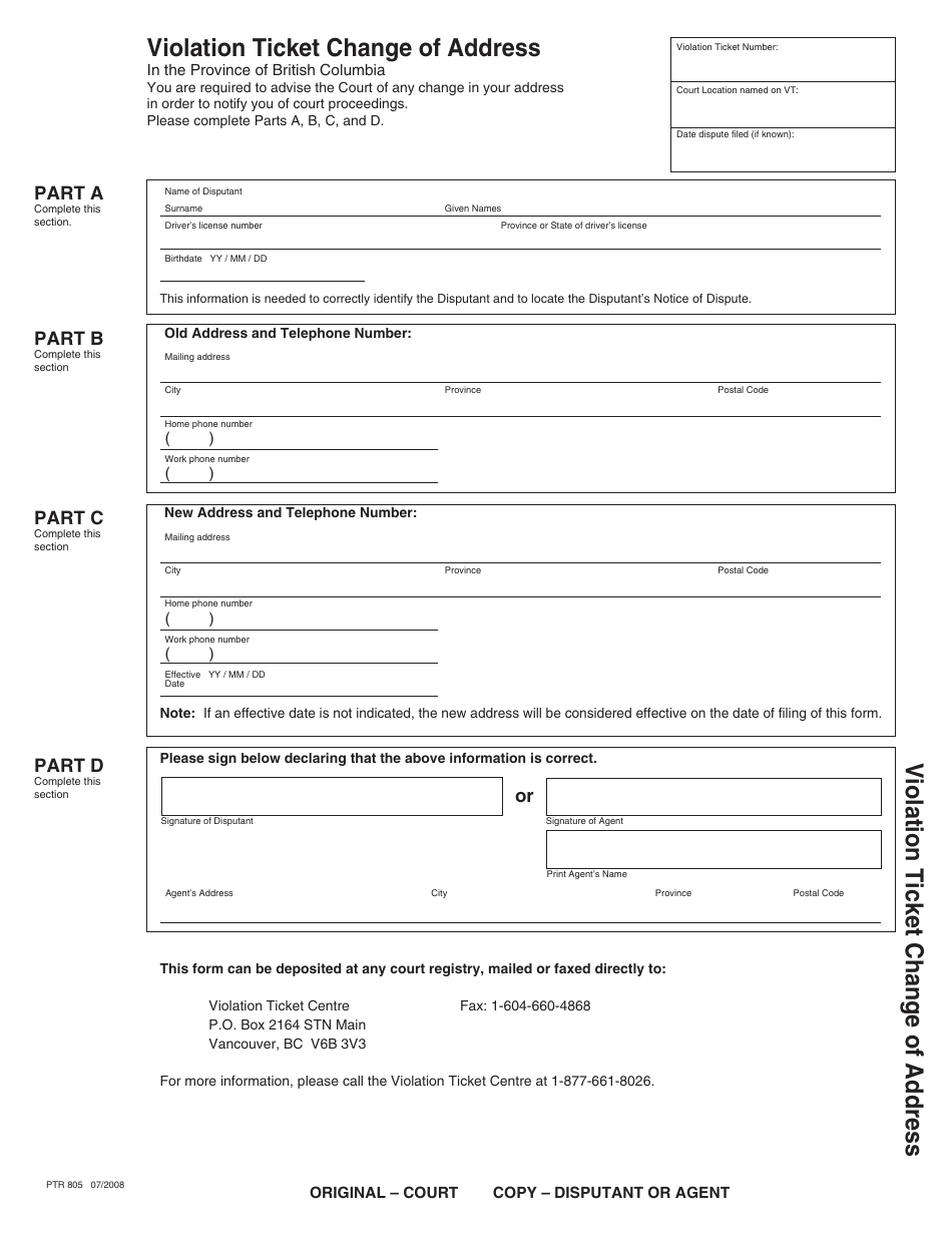 Form PTR805 Violation Ticket Change of Address - British Columbia, Canada (English / French), Page 1