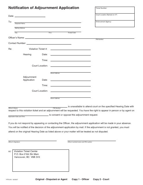 Form PTR819 Notification of Adjournment Application - British Columbia, Canada
