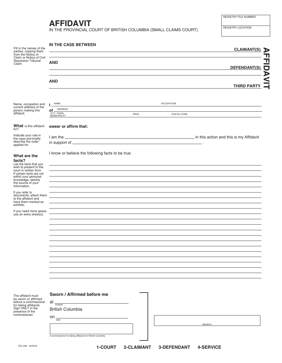 Form SCL848 Affidavit - British Columbia, Canada, Page 1