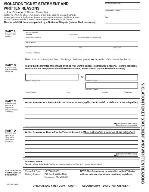 Form PTR022 Violation Ticket Statement and Written Reasons - British Columbia, Canada
