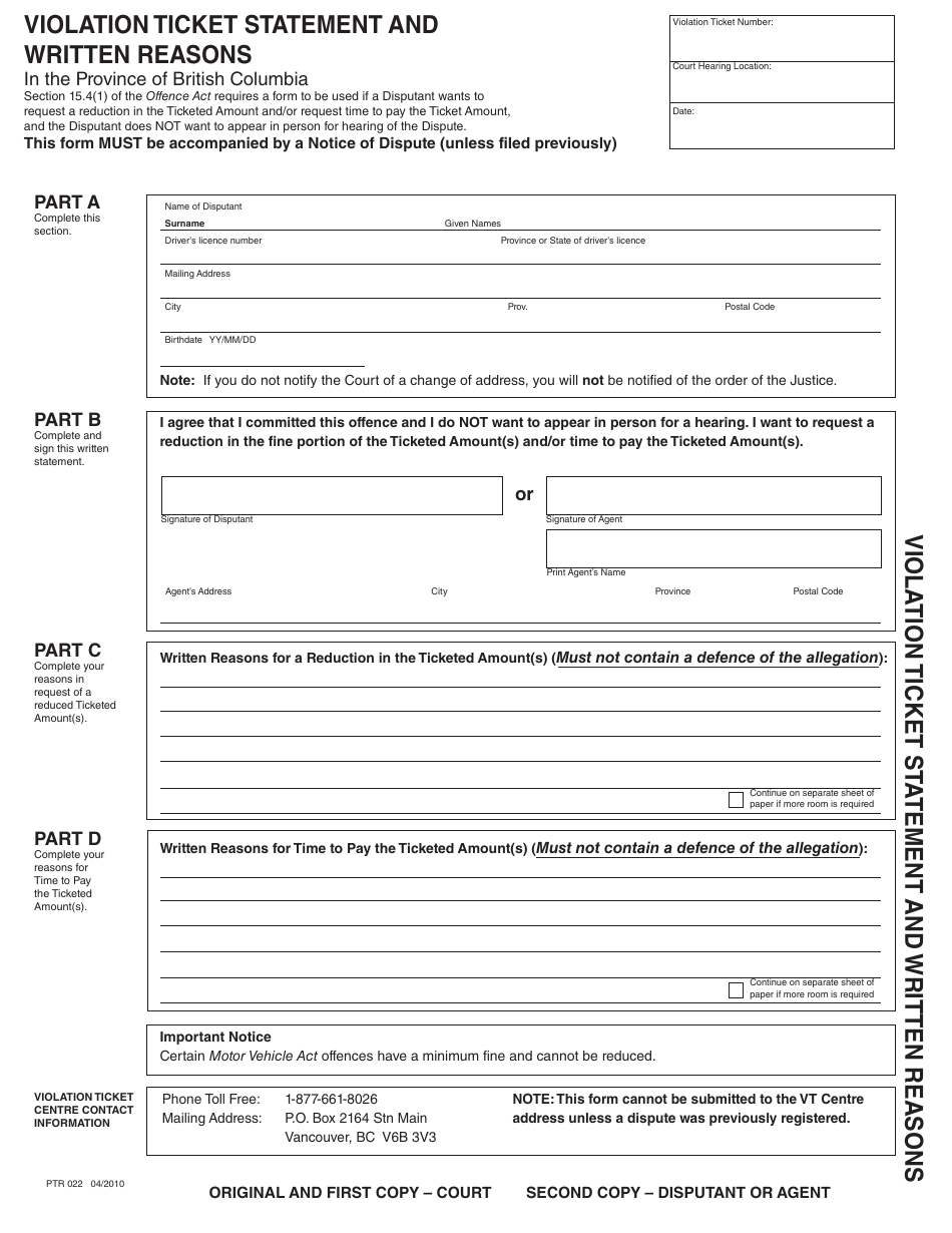 Form PTR022 Violation Ticket Statement and Written Reasons - British Columbia, Canada, Page 1