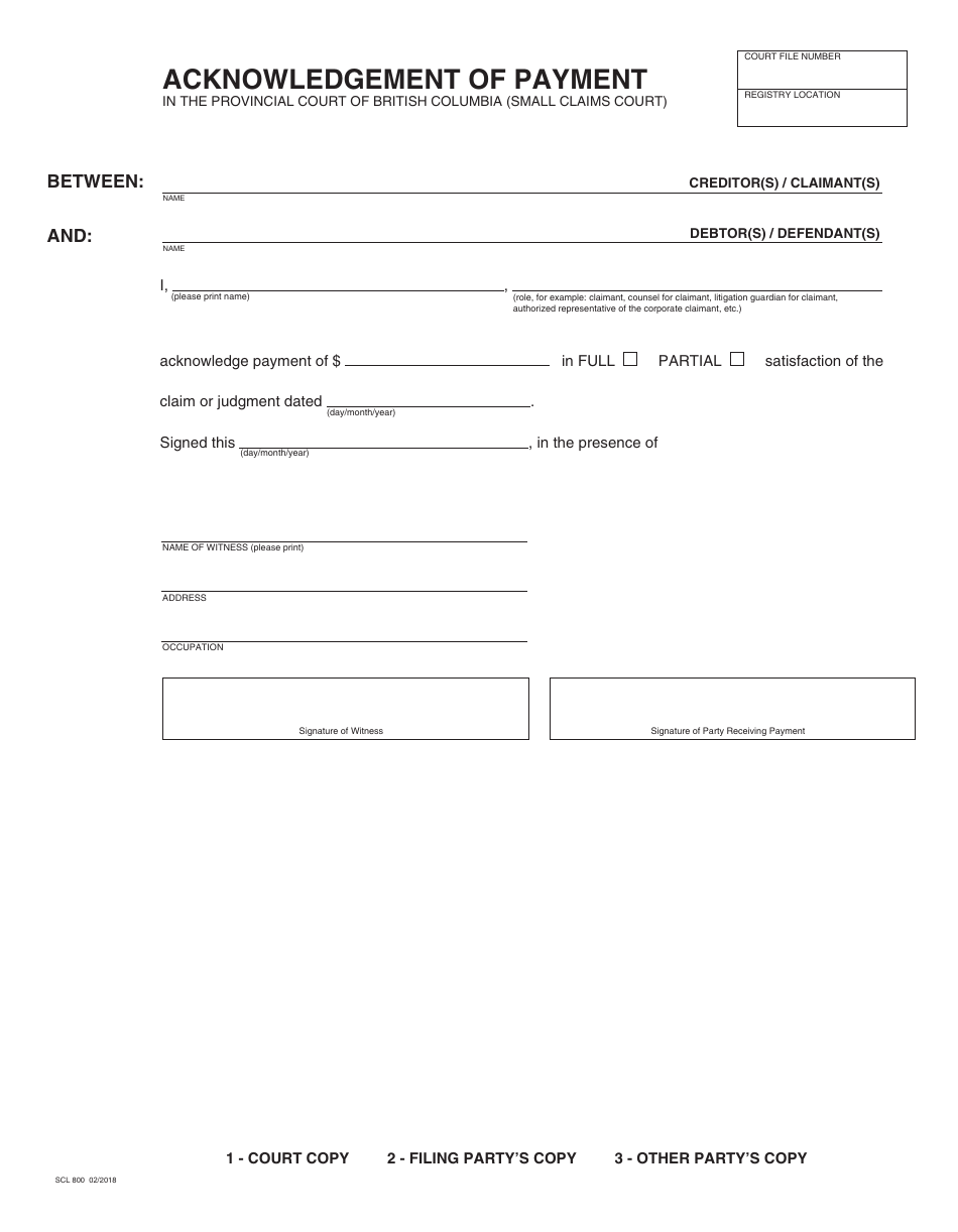 Form SCL800 Acknowledgement of Payment - British Columbia, Canada, Page 1