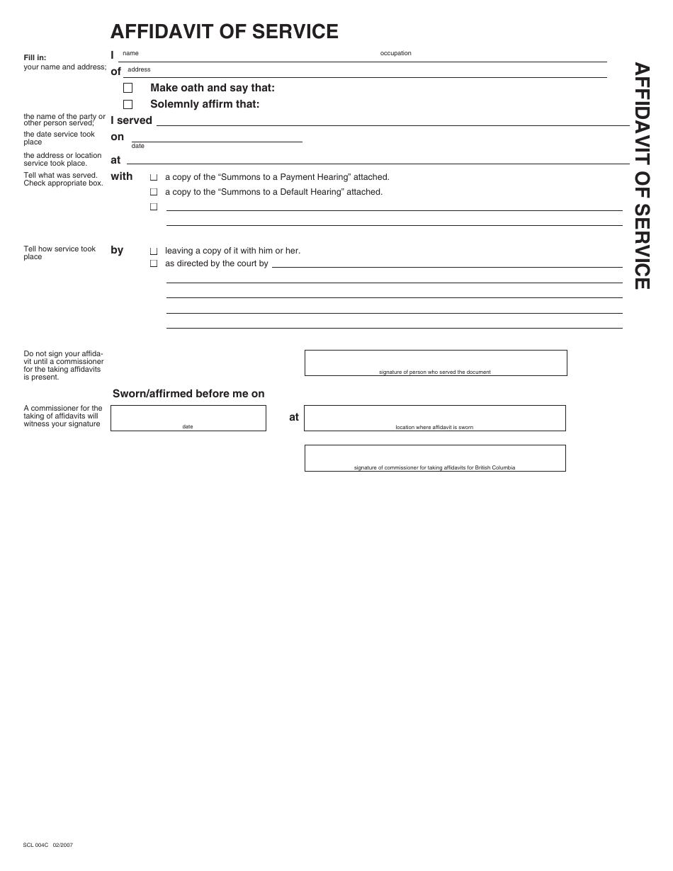 Form SCL004C Affidavit of Service - British Columbia, Canada, Page 1