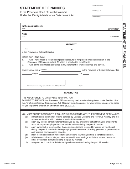 Form PFA073 Statement of Finances - British Columbia, Canada