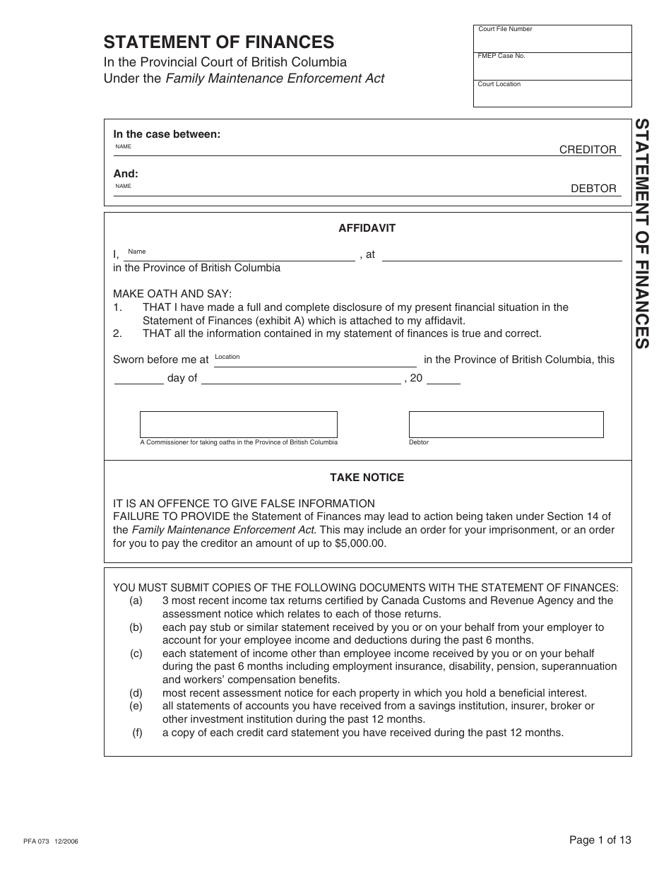 Form PFA073 Statement of Finances - British Columbia, Canada, Page 1
