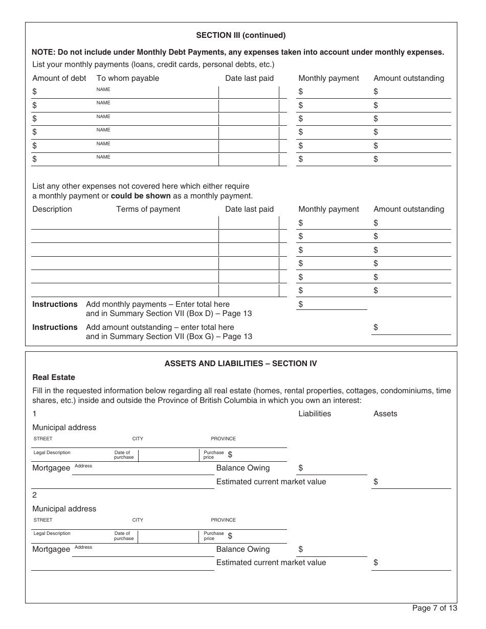 Form PFA073 Statement of Finances - British Columbia, Canada, Page 7