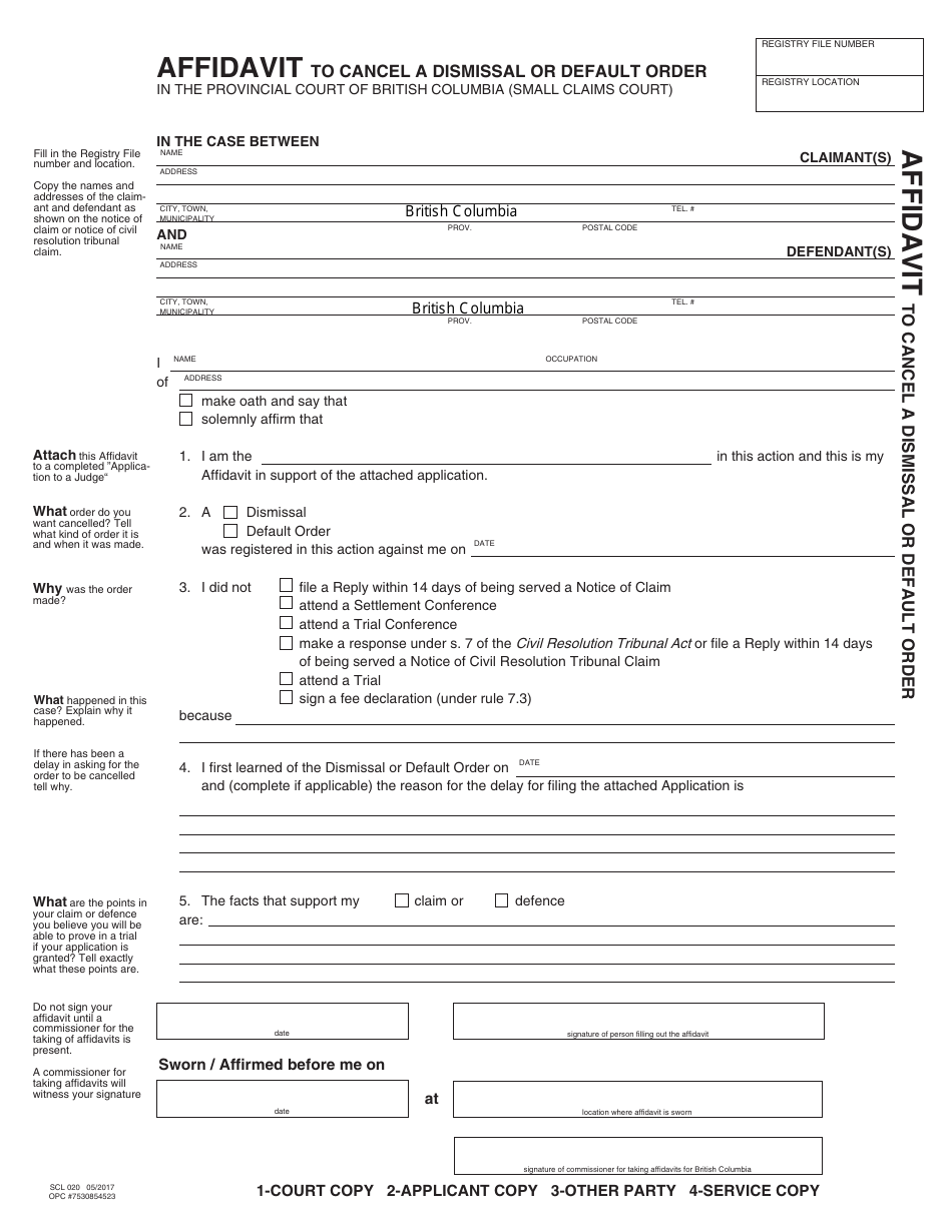 Form SCL020 Affidavit to Cancel a Dismissal or Default Order - British Columbia, Canada, Page 1