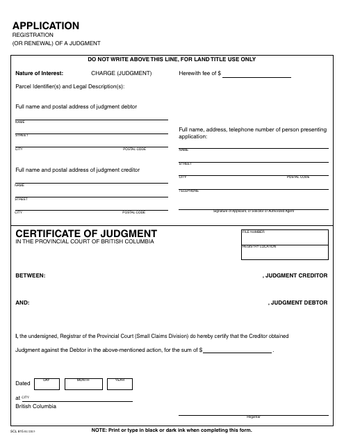 Form SCL815 Application Registration (Or Renewal) of a Judgment - British Columbia, Canada