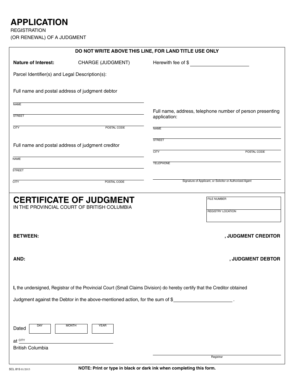 Form SCL815 Application Registration (Or Renewal) of a Judgment - British Columbia, Canada, Page 1