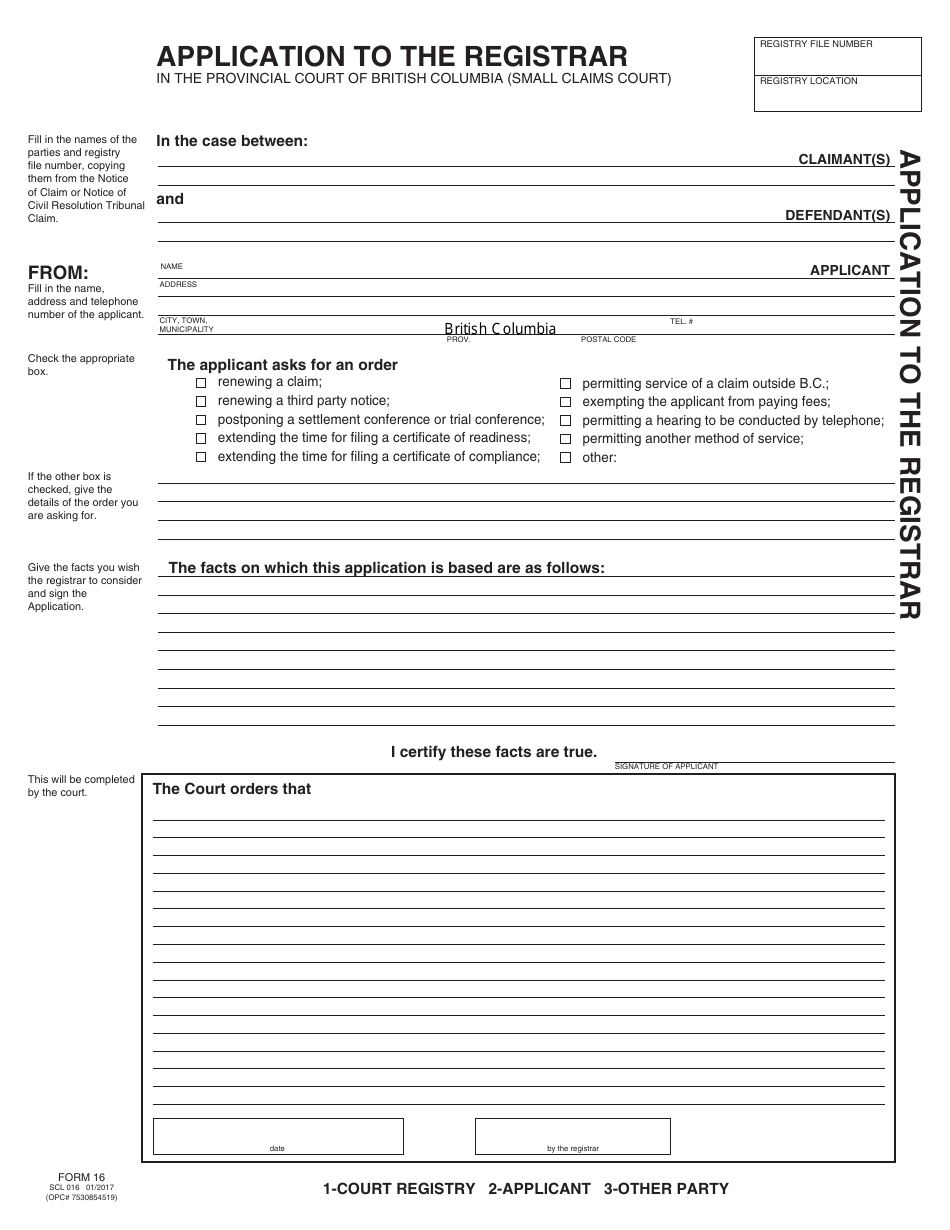 SCR Form 16 (SCL016) Application to the Registrar - British Columbia, Canada, Page 2