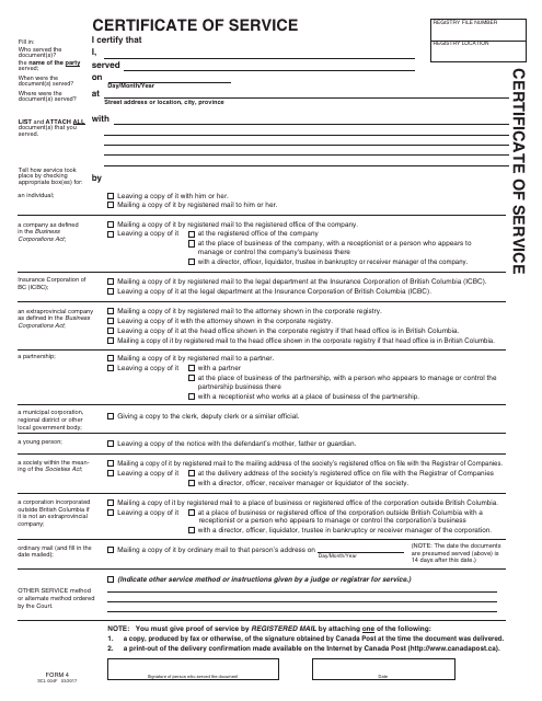 SCR Form 4 (SCL004F) Certificate of Service - British Columbia, Canada