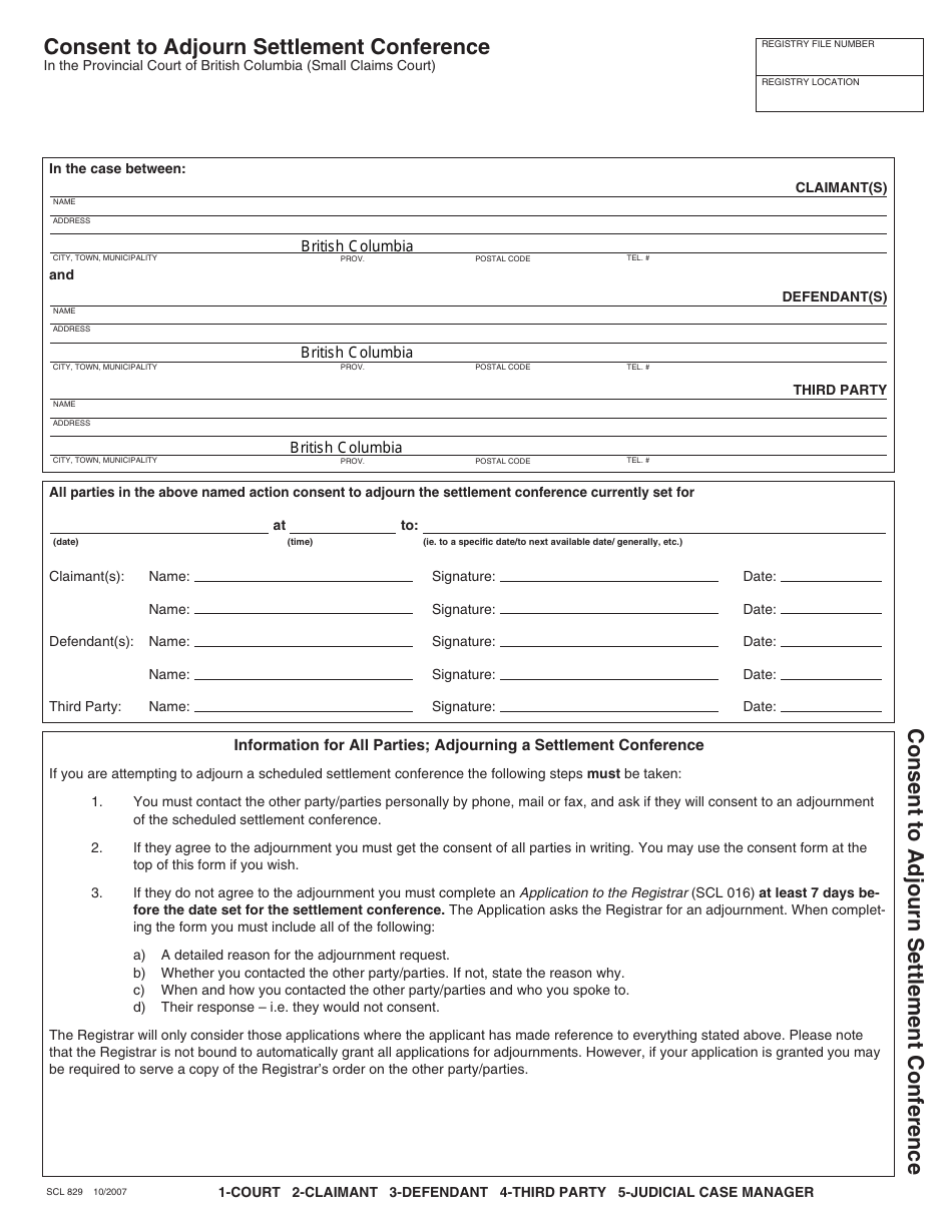 Form SCL829 Consent to Adjourn Settlement Conference - British Columbia, Canada, Page 1