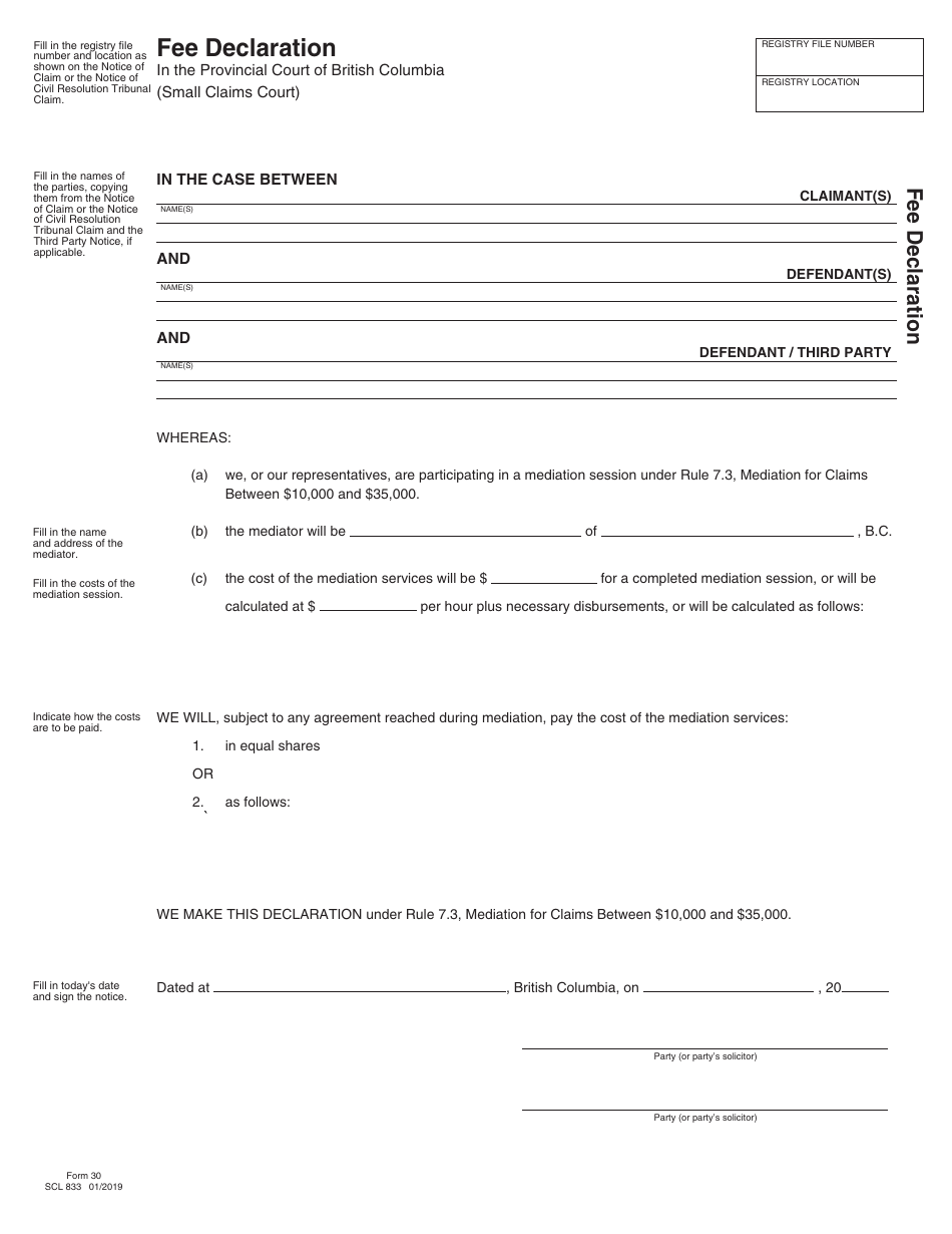 SCR Form 30 (SCL833) Fee Declaration - British Columbia, Canada, Page 1