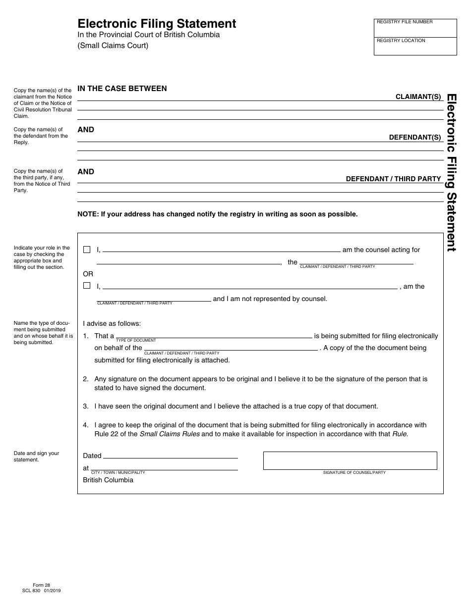 SCR Form 28 (SCL830) Electronic Filing Statement - British Columbia, Canada, Page 1
