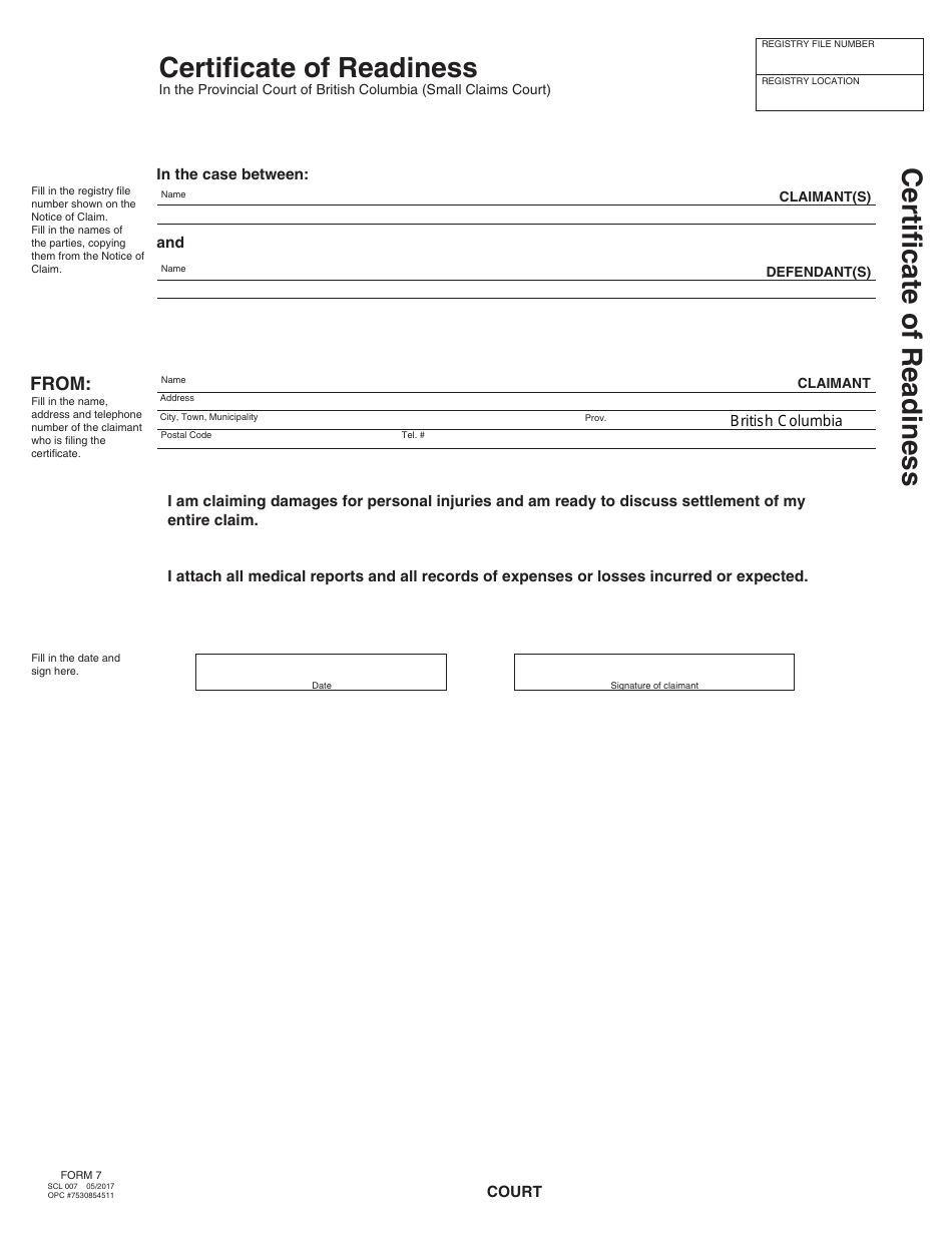 SCR Form 7 (SCL007) Certificate of Readiness - British Columbia, Canada, Page 1