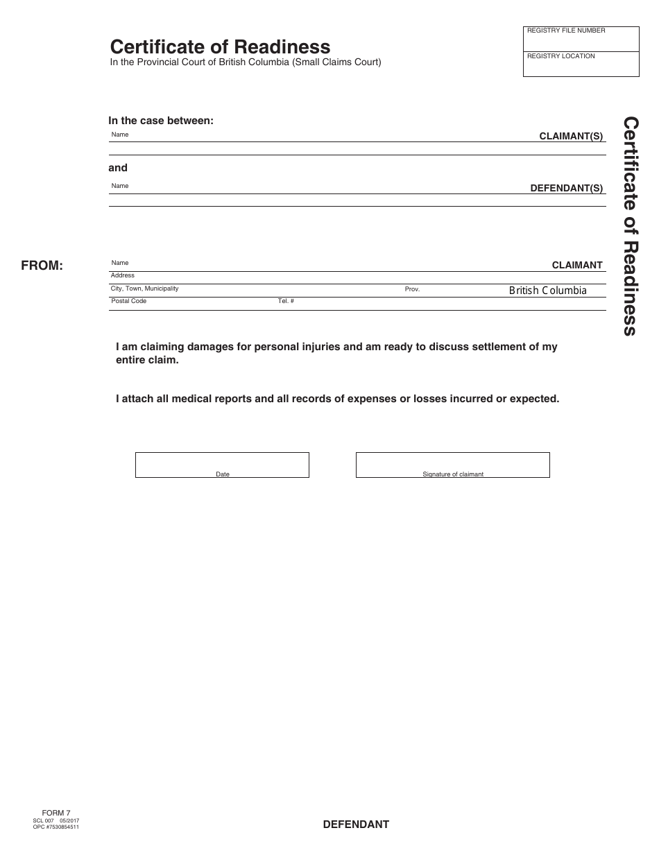 SCR Form 7 (SCL007) Certificate of Readiness - British Columbia, Canada, Page 2