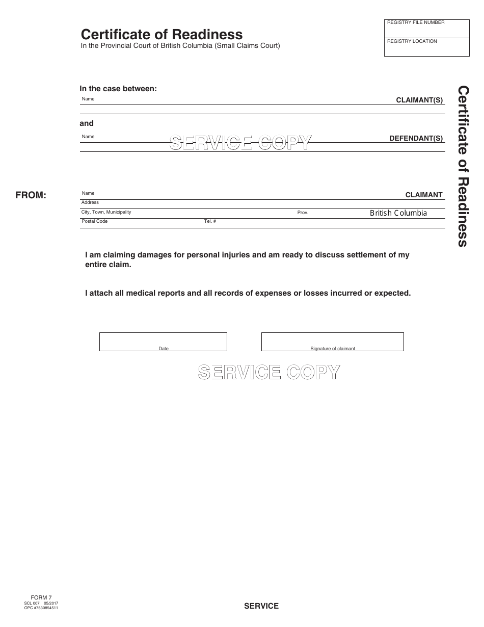 SCR Form 7 (SCL007) Certificate of Readiness - British Columbia, Canada, Page 3