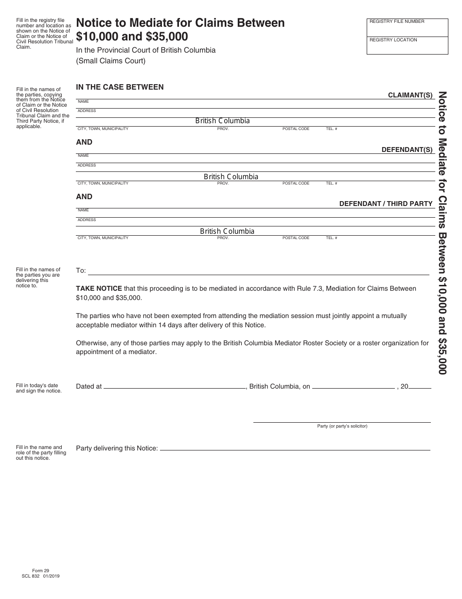 SCR Form 29 (SCL832) Notice to Mediate for Claims Between $10,000 and $35,000 - British Columbia, Canada, Page 1
