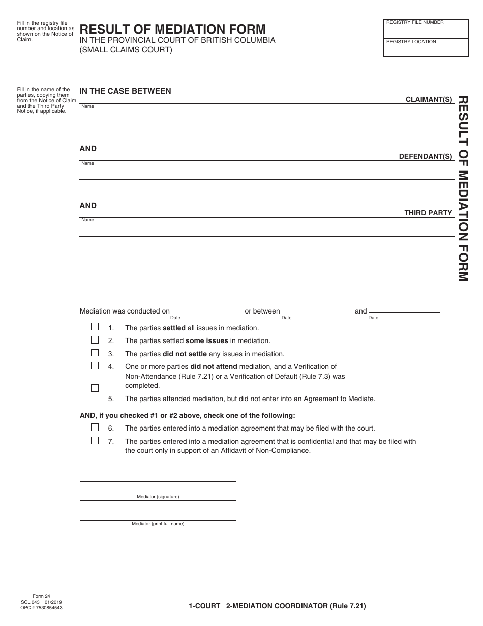 SCR Form 24 (SCL043) Result of Mediation Form - British Columbia, Canada, Page 1