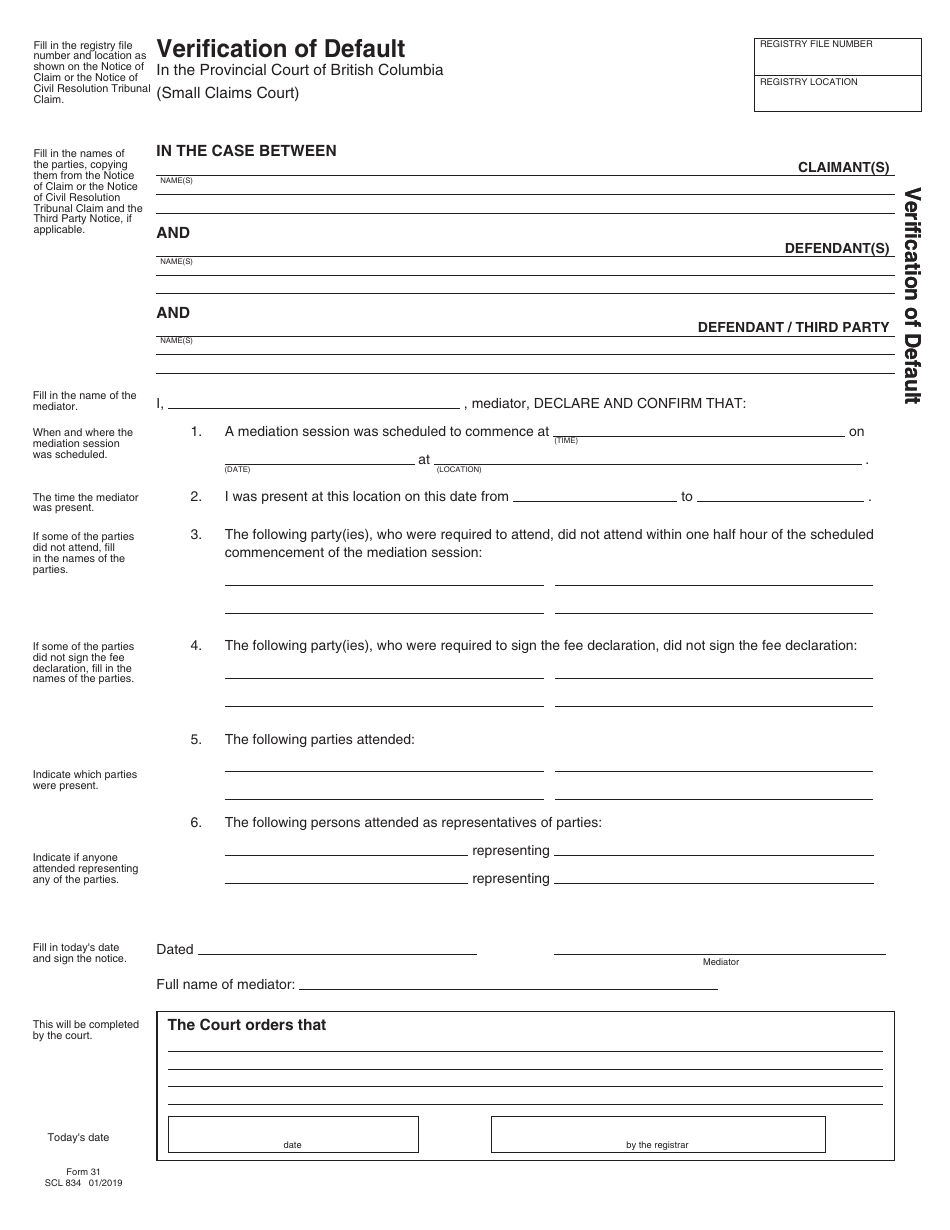 SCR Form 31 (SCL834) Verification of Default - British Columbia, Canada, Page 1