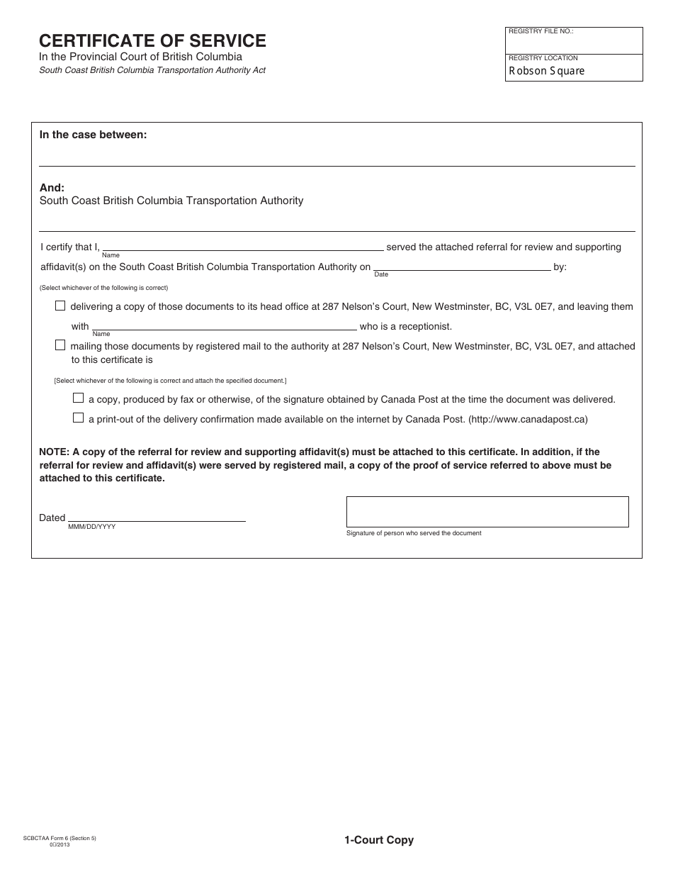 SCBCTAA Form 6 Certificate of Service - British Columbia, Canada, Page 1
