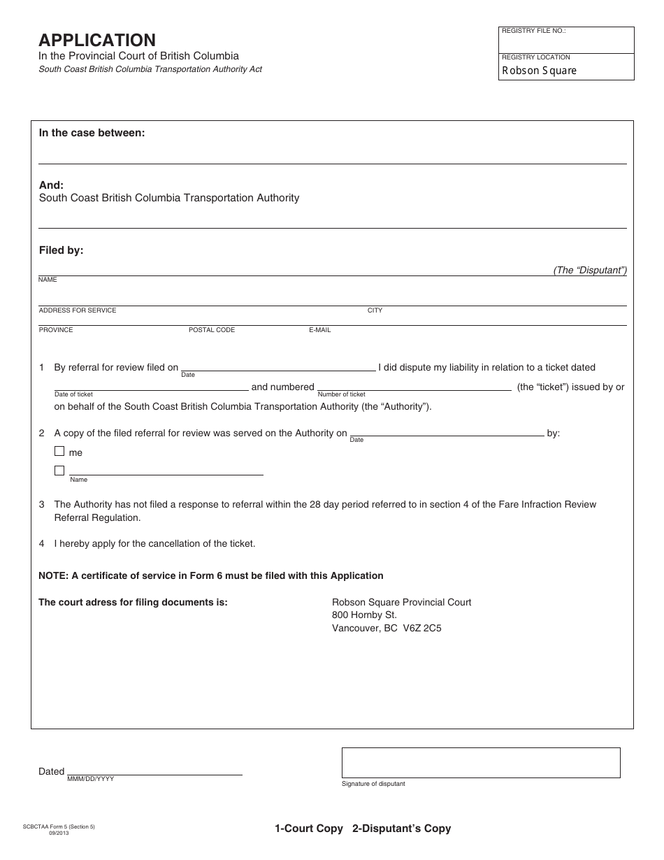SCBCTAA Form 5 Application - British Columbia, Canada, Page 1