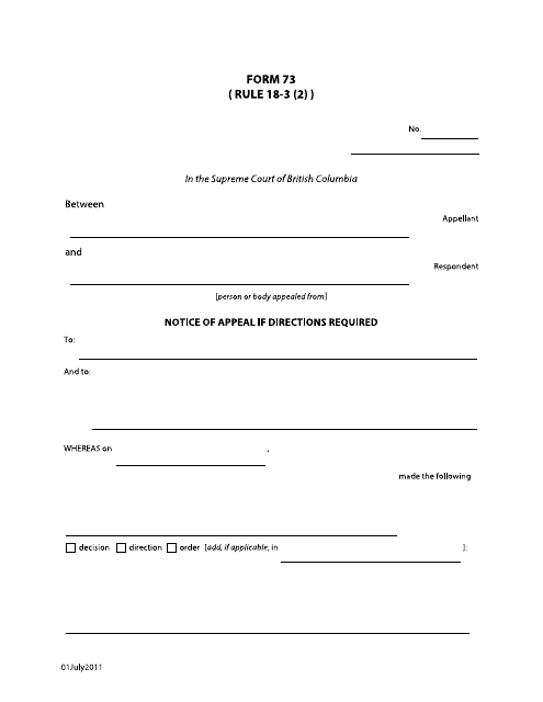 Form 73 Notice of Appeal if Directions Required - British Columbia, Canada