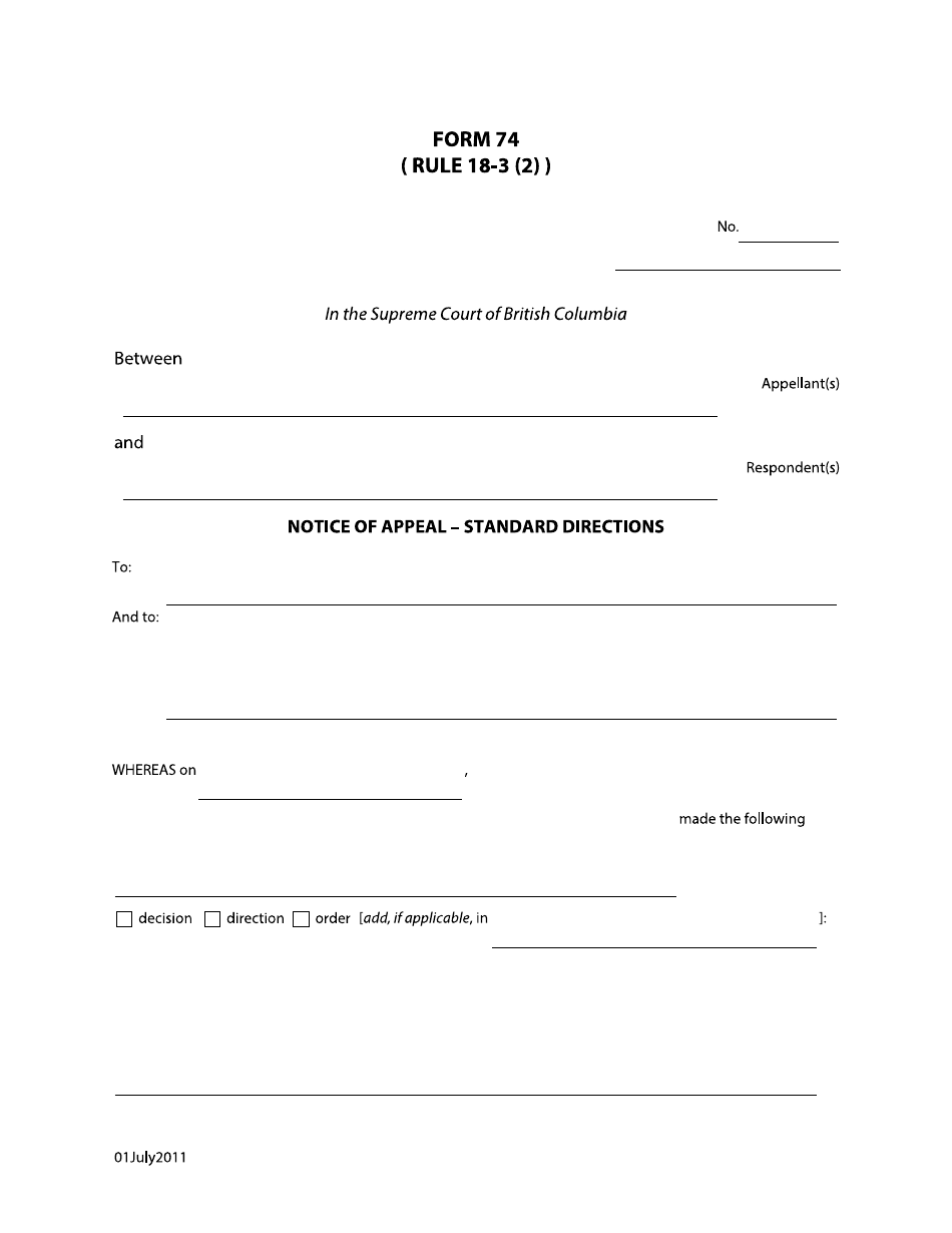 Form 74 Notice of Appeal  Standard Directions - British Columbia, Canada, Page 1