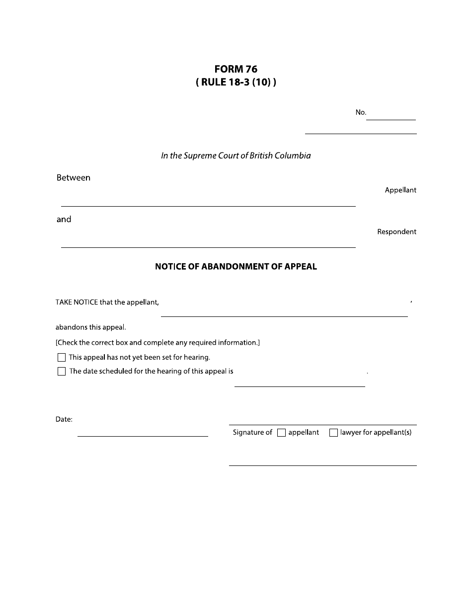 Form 76 Notice of Abandonment of Appeal - British Columbia, Canada, Page 1