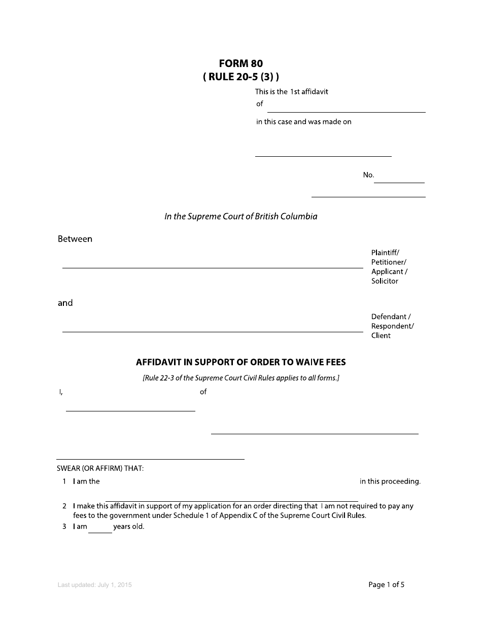Form 80 Affidavit in Support of Order to Waive Fees - British Columbia, Canada, Page 1