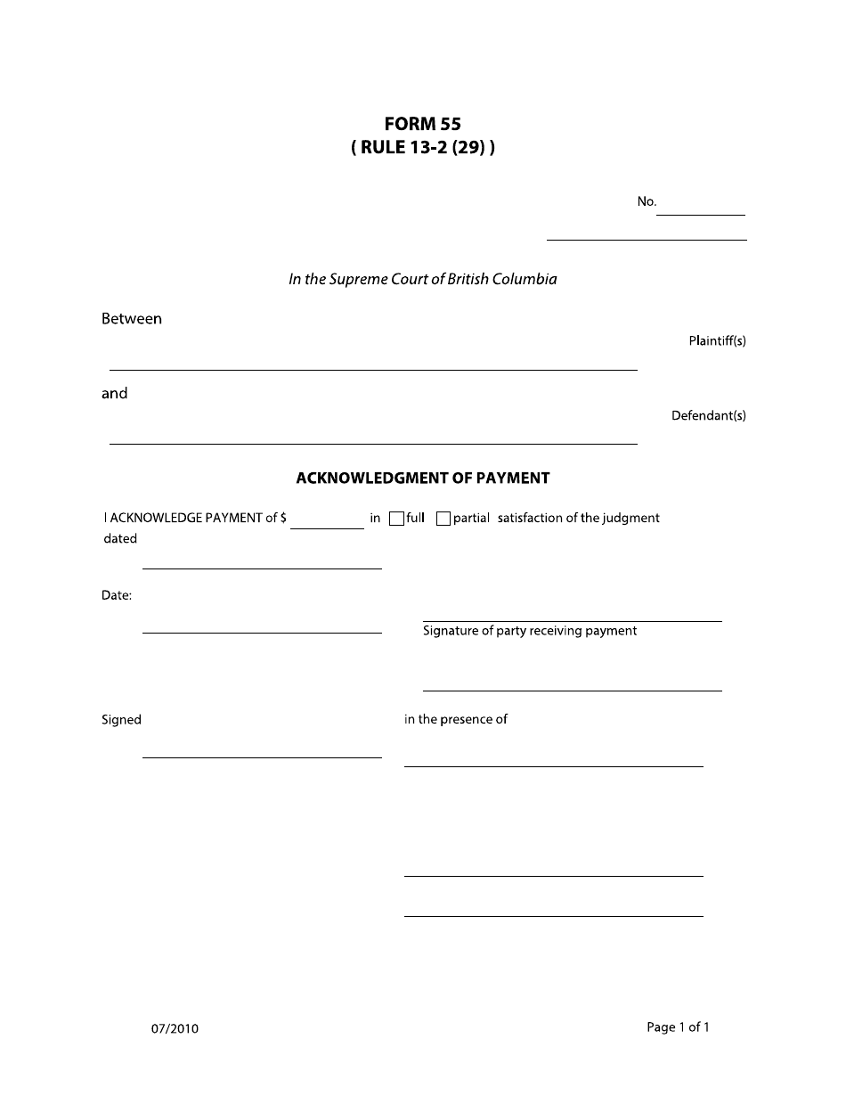 Form 55 Acknowledgment of Payment - British Columbia, Canada, Page 1