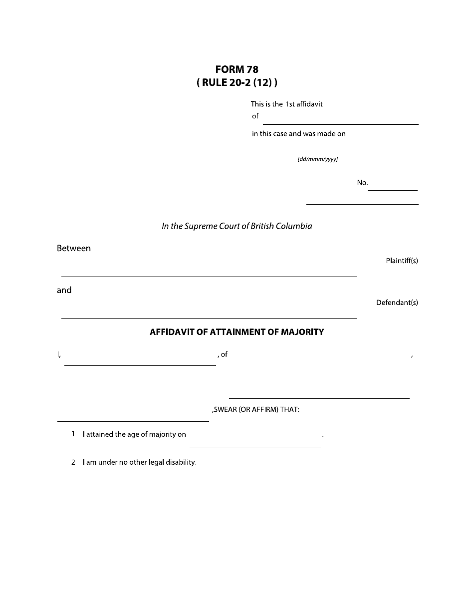 Form 78 Affidavit of Attainment of Majority - British Columbia, Canada, Page 1