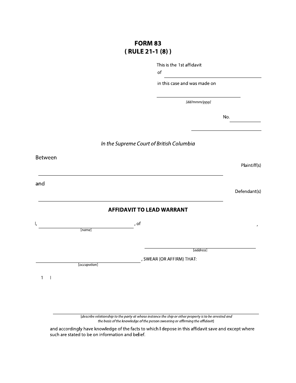 Form 83 Affidavit to Lead Warrant - British Columbia, Canada, Page 1
