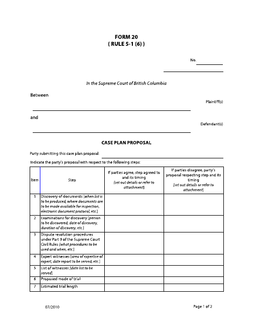 Form 20 Case Plan Proposal - British Columbia, Canada