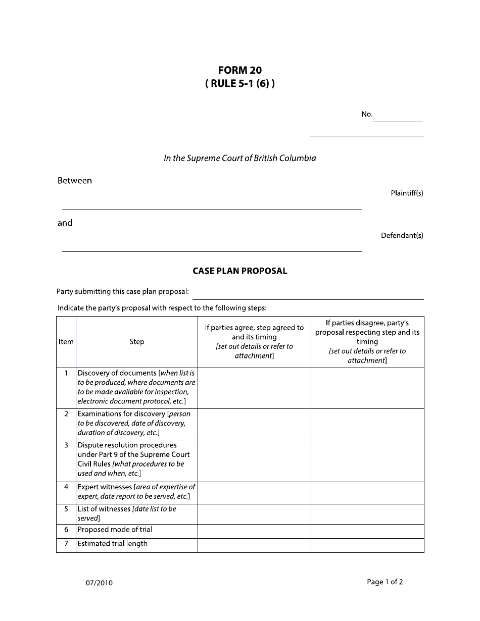 Form 20 Case Plan Proposal - British Columbia, Canada, Page 1