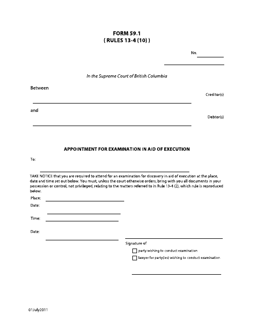 Form 59.1 Appointment for Examination in Aid of Execution - British Columbia, Canada