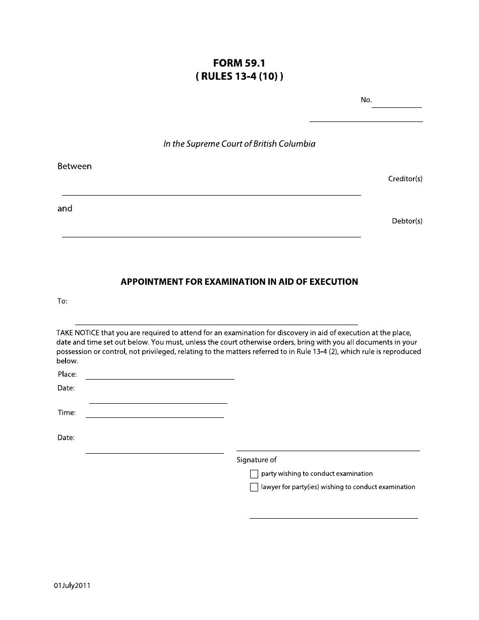 Form 59.1 Appointment for Examination in Aid of Execution - British Columbia, Canada, Page 1